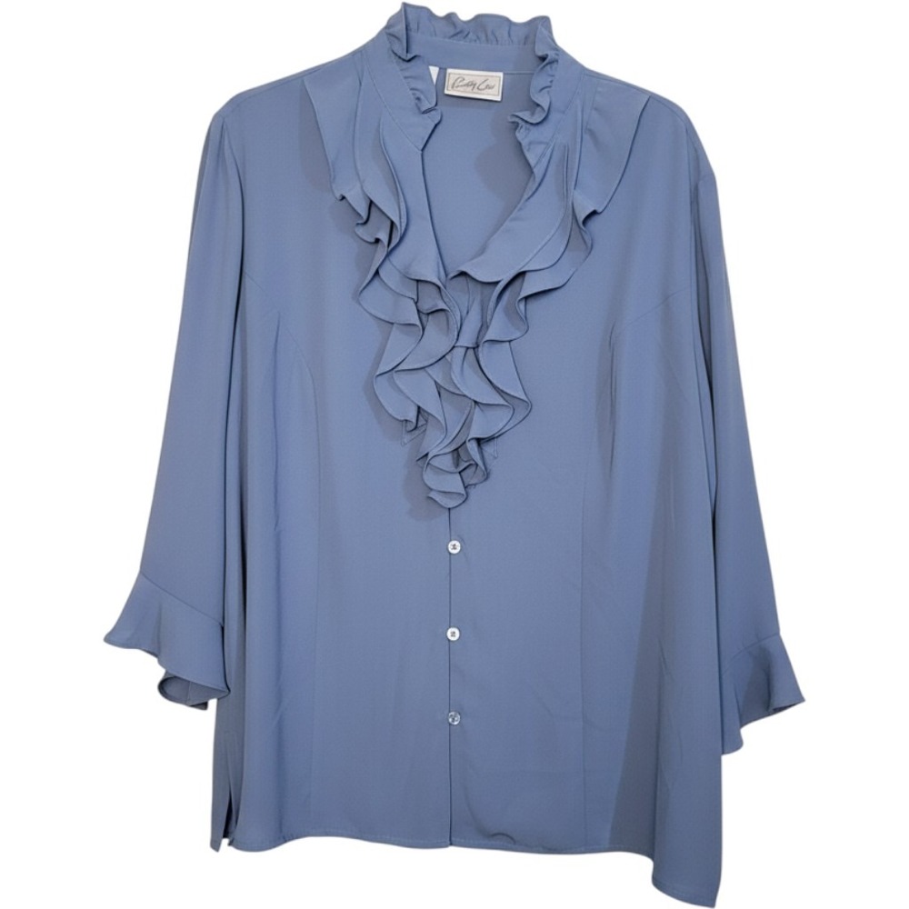 Cathy Che Ruffle Blouse Womens 22/24W Blue Excellent V-Neck 3/4 Sleeve Top
